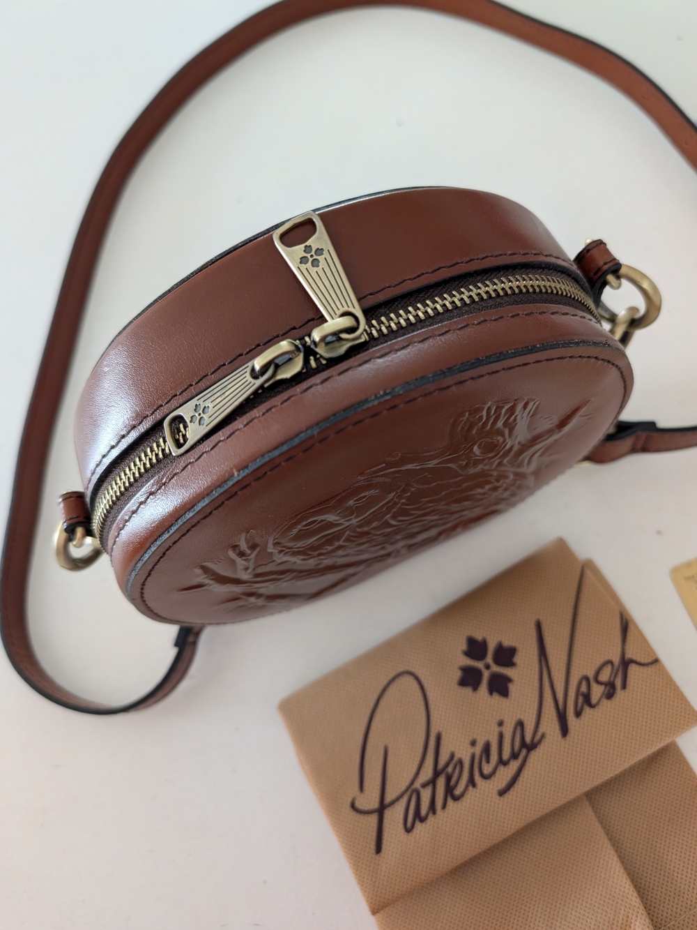 Patricia Nash Brown Embossed Owl Round Crossbody Bag - Picture 2 of 9